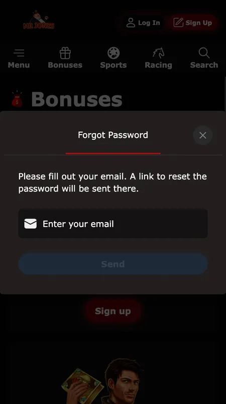 Mr Jones Casino password reset screen